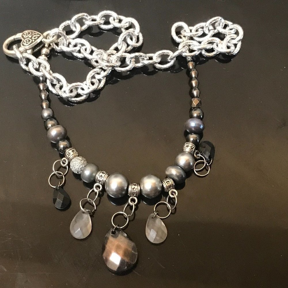 Handmade Fringe Necklace Bib Choker Chain NWT Beaded Silver Pearl Biker Festival